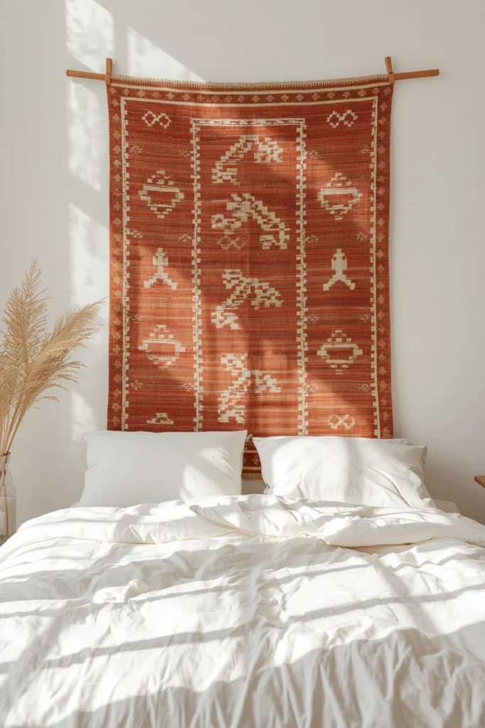 23 Rental Apartment Decor Ideas That Look Like You Actually Own the Place 9 rental bedroom, featuring a large vintage kilim rug
