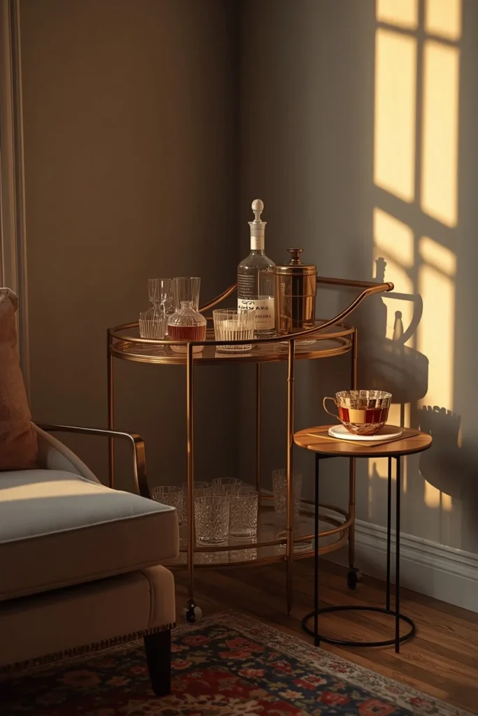 she shed lounge corner, featuring a vintage brass bar cart