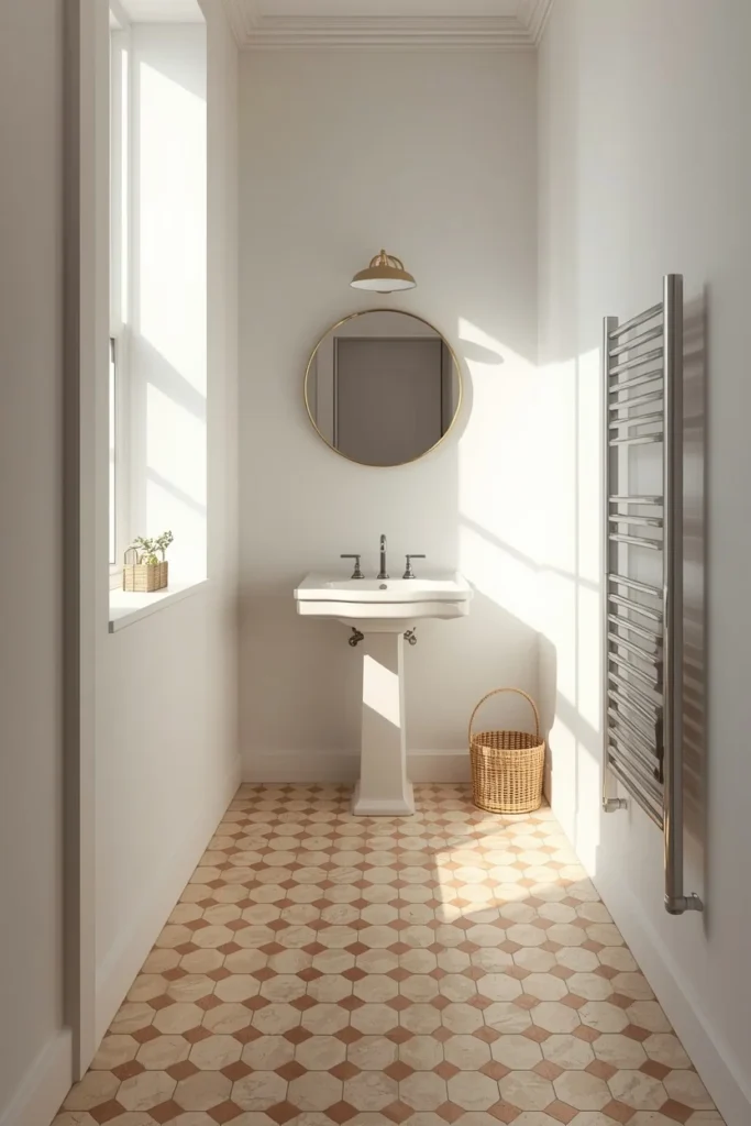 18 Small Bathroom Ideas That Pack Maximum Style Into Minimal Space 9 small bathroom, featuring a warm cream and terracotta checkerboard floor tile,