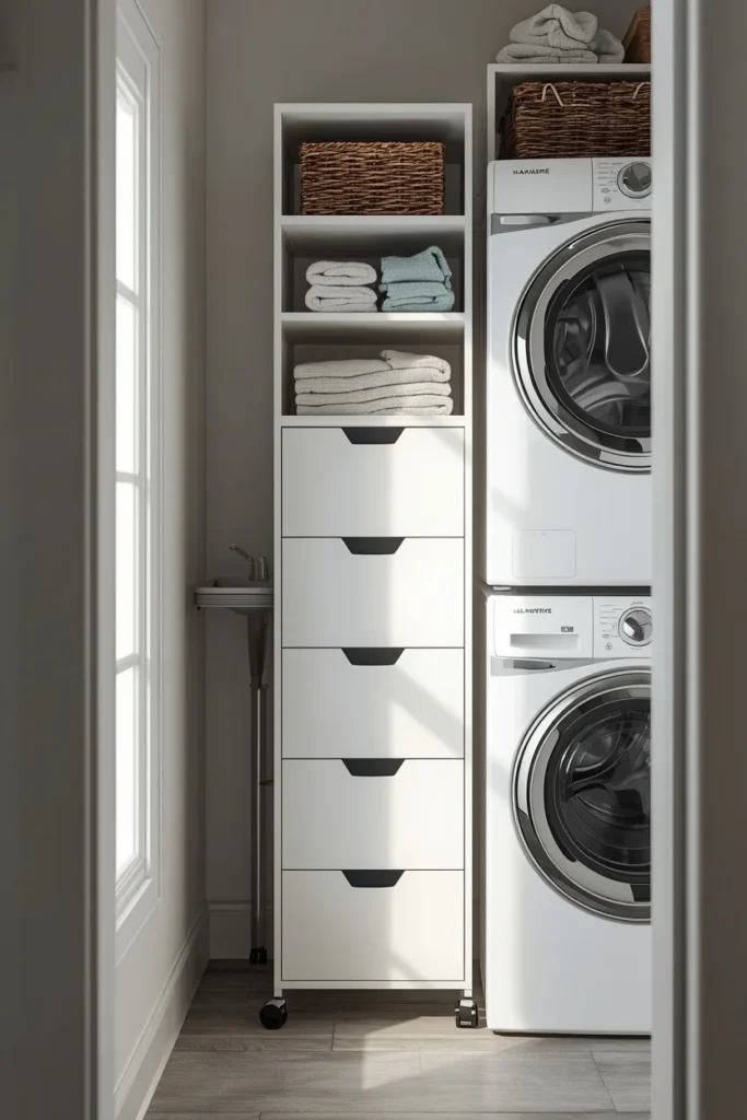 21 Small Laundry Room Ideas That Pack Function & Style Into Every Inch 9 narrow laundry hallway, featuring a slim white rolling storage tower
