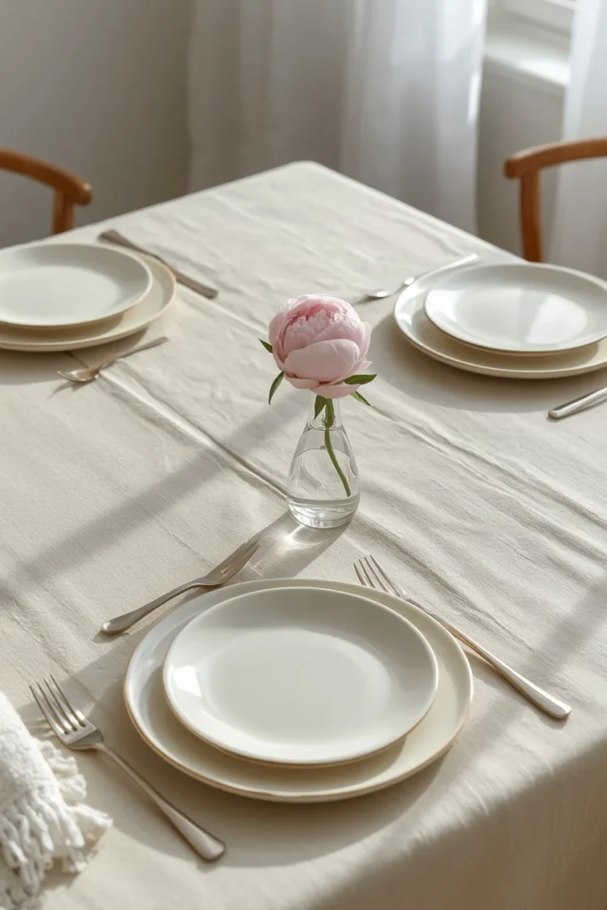 16 Spring Tablescape Ideas That Make Every Meal Feel Like a Garden Party 9 minimalist spring table setting featuring a neutral linen tablecloth
