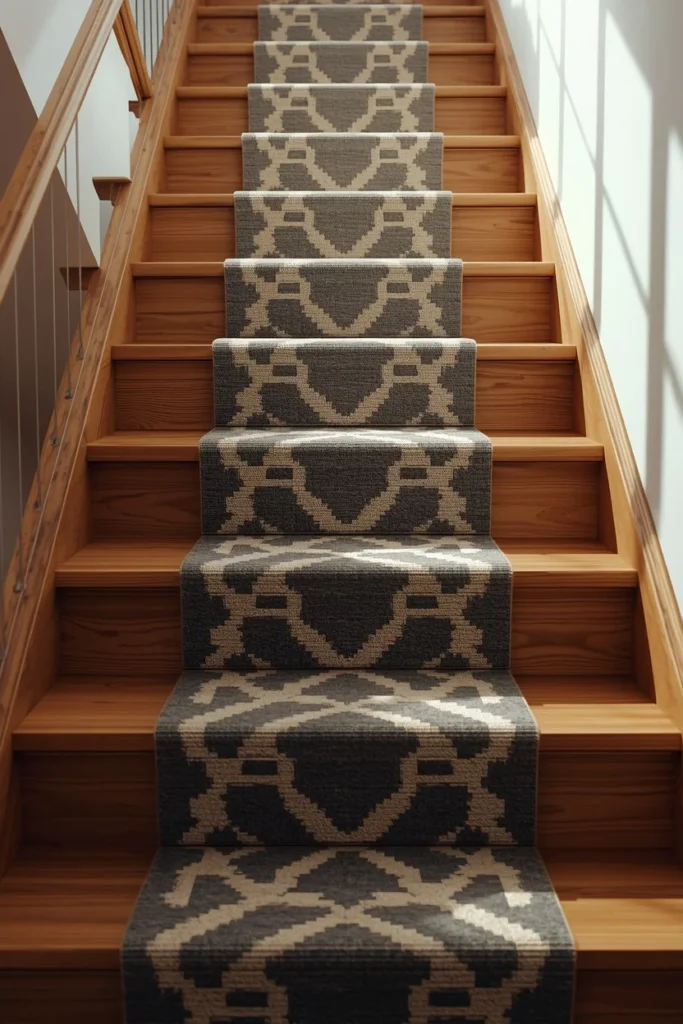 staircase, featuring a bold geometric patterned stair runner