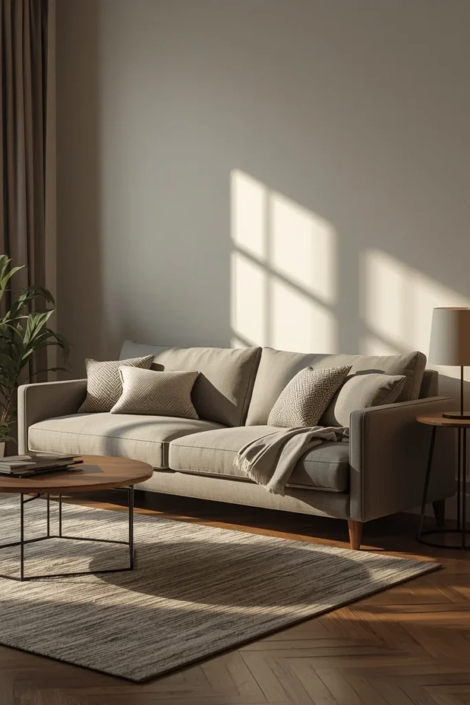 studio apartment living room, featuring a quality gray linen sleeper sofa