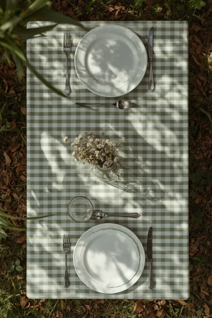  outdoor picnic-style dining table, featuring a mid-scale sage green gingham tablecloth