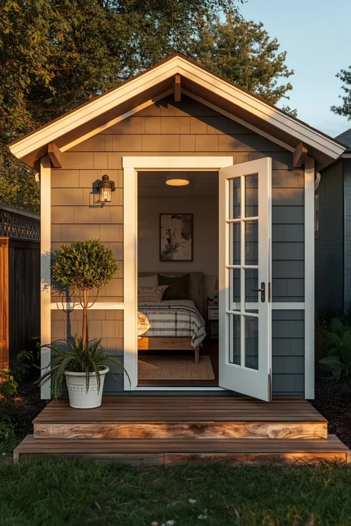 19 Summer House Ideas That Make Your Garden Feel Like a Vacation Destination 9 backyard guest cabin, featuring a small tiny house-style structure