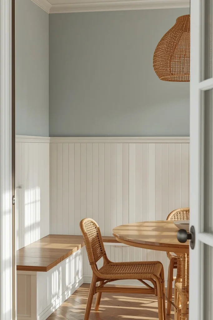 summer house dining nook, featuring white beadboard paneling
