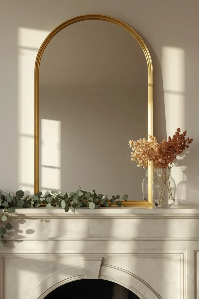  fireplace mantel, featuring a large gold-framed mirror 