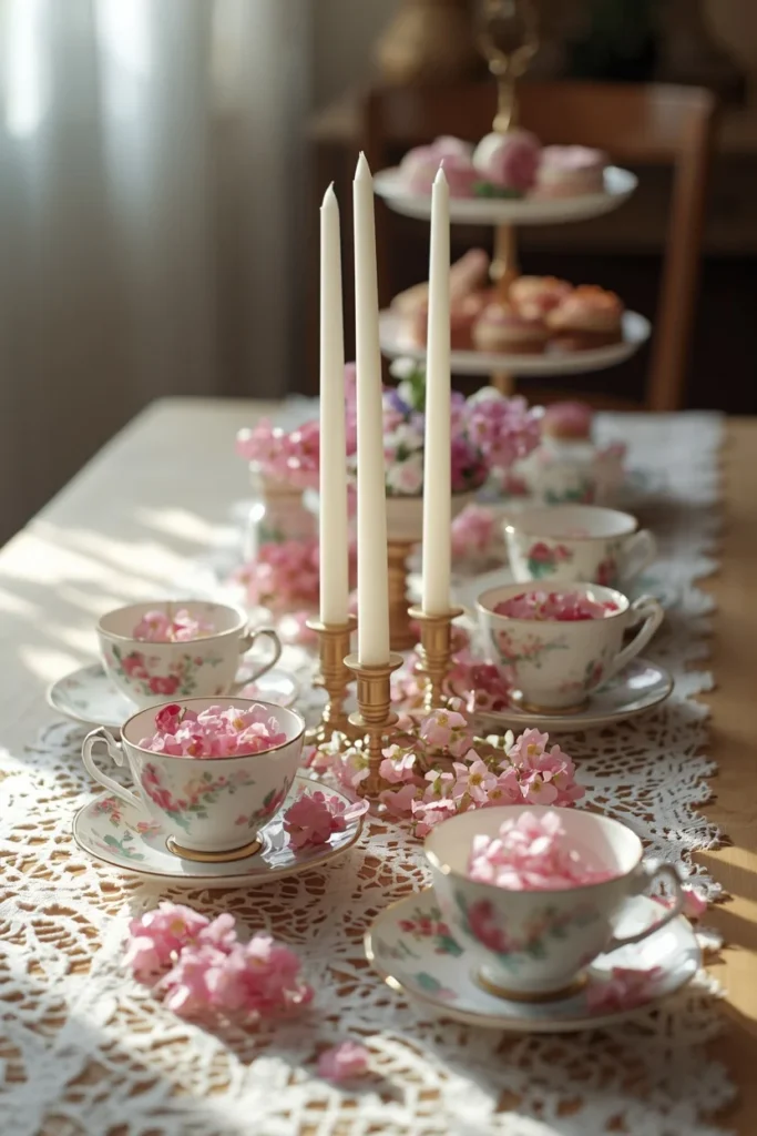 summer tea party table featuring mismatched vintage floral teacups