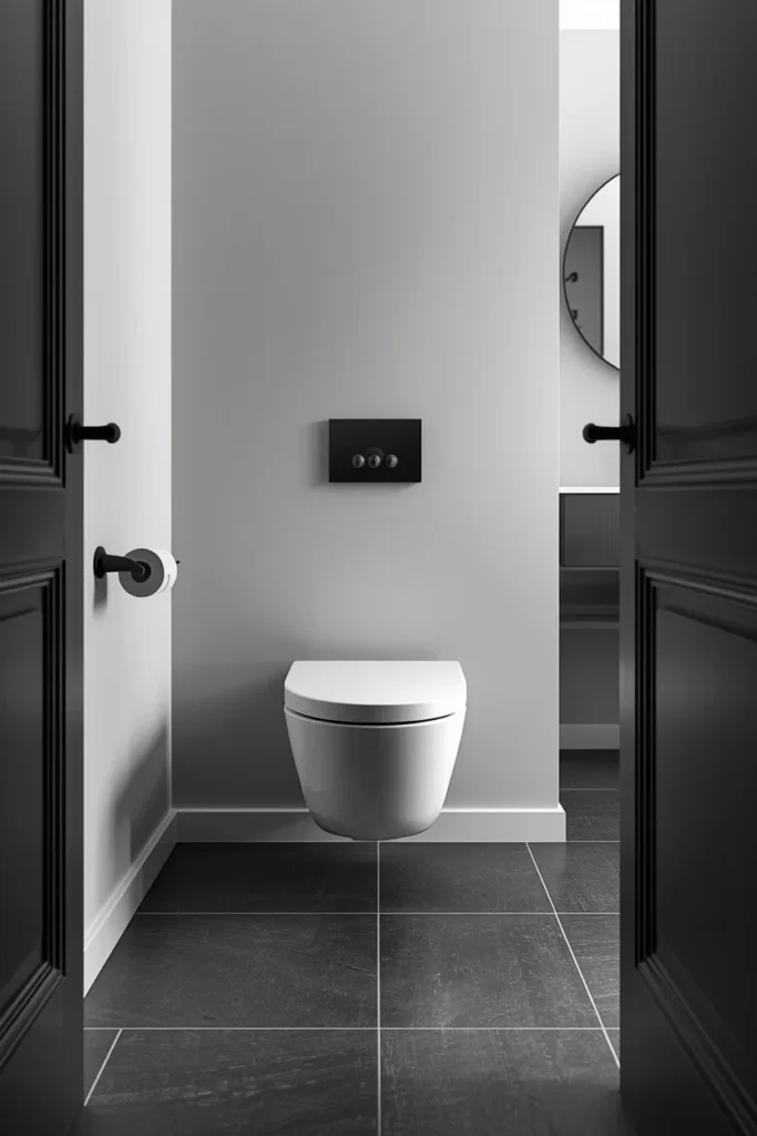 small powder room, featuring a sleek wall-mounted toilet 