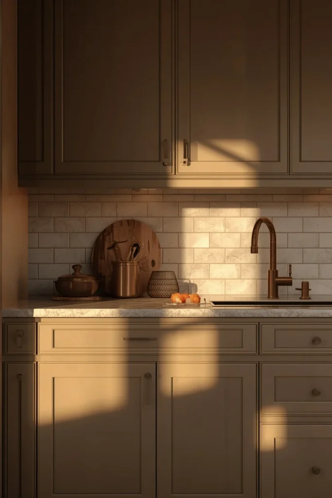  kitchen, featuring mushroom taupe upper cabinets and white oak lower cabinets,