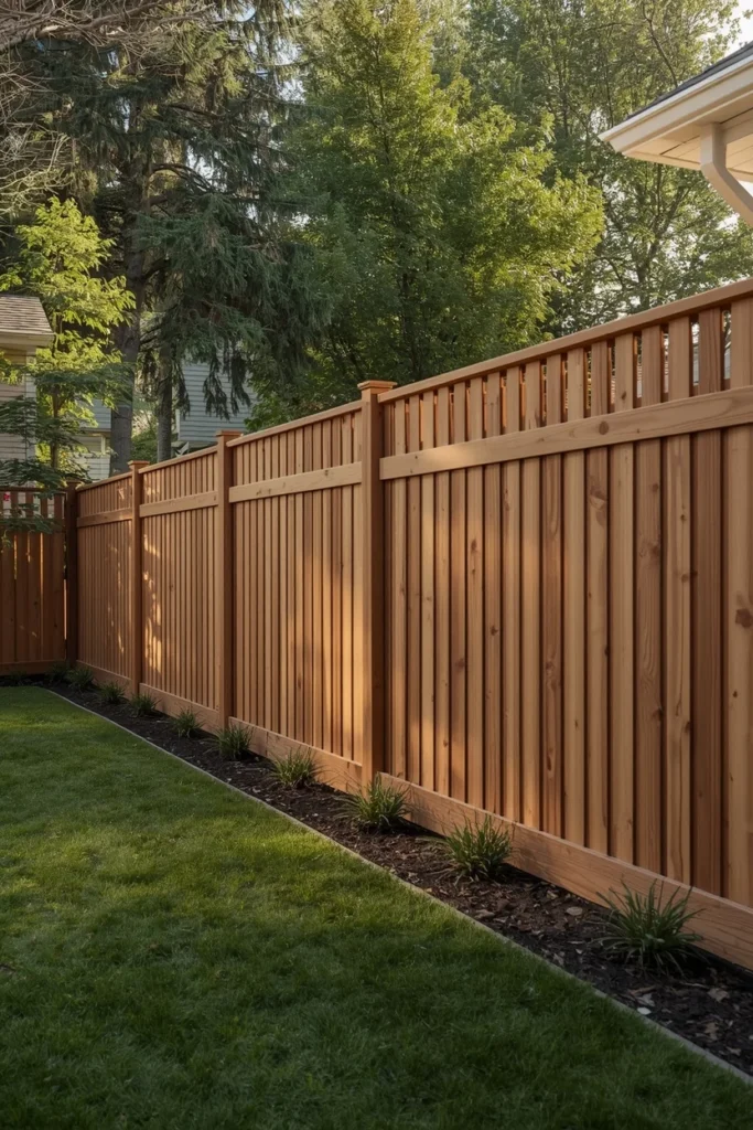 traditional backyard exterior, featuring a stained cedar dog-eared picket privacy fence