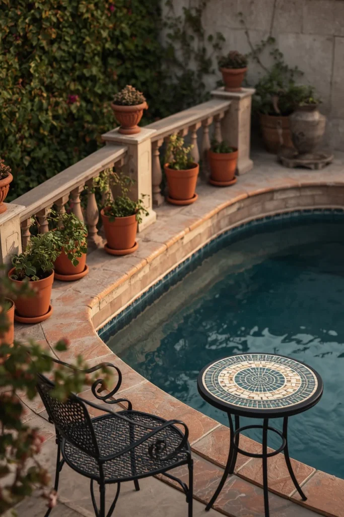 Above ground pool area styled in Mediterranean aesthetic