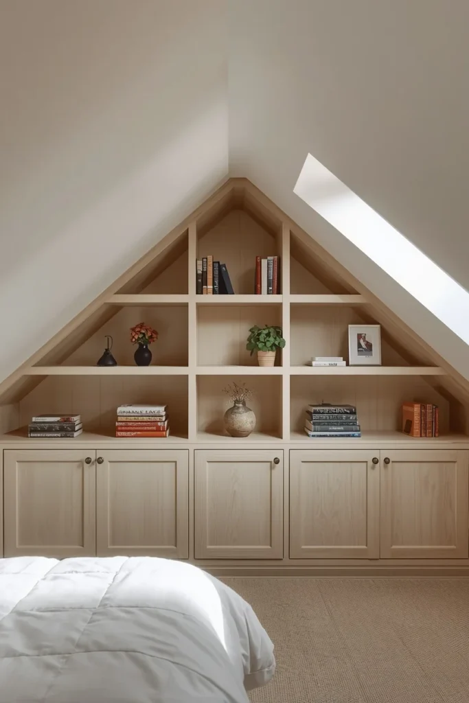 attic bedroom shot, featuring custom built-in shelving 