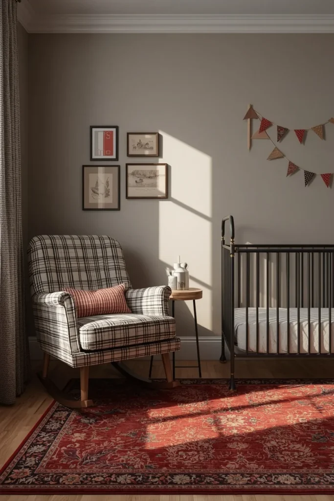 18 Baby Boy Nursery Themes That Are Cute, Creative & Absolutely Charming 10 baby nursery, featuring a plaid upholstered glider chair,