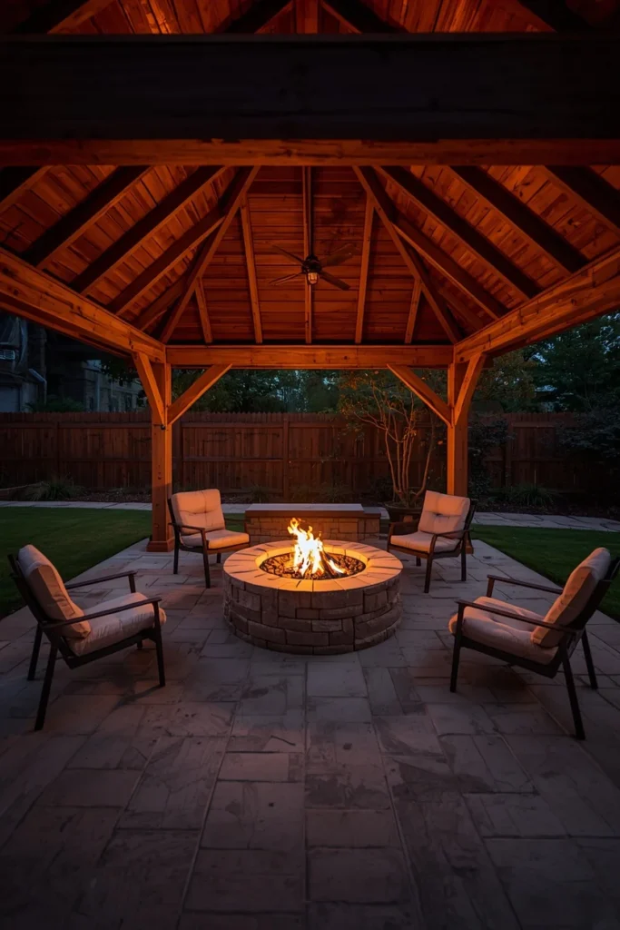 backyard, featuring an open-sided wood gazebo