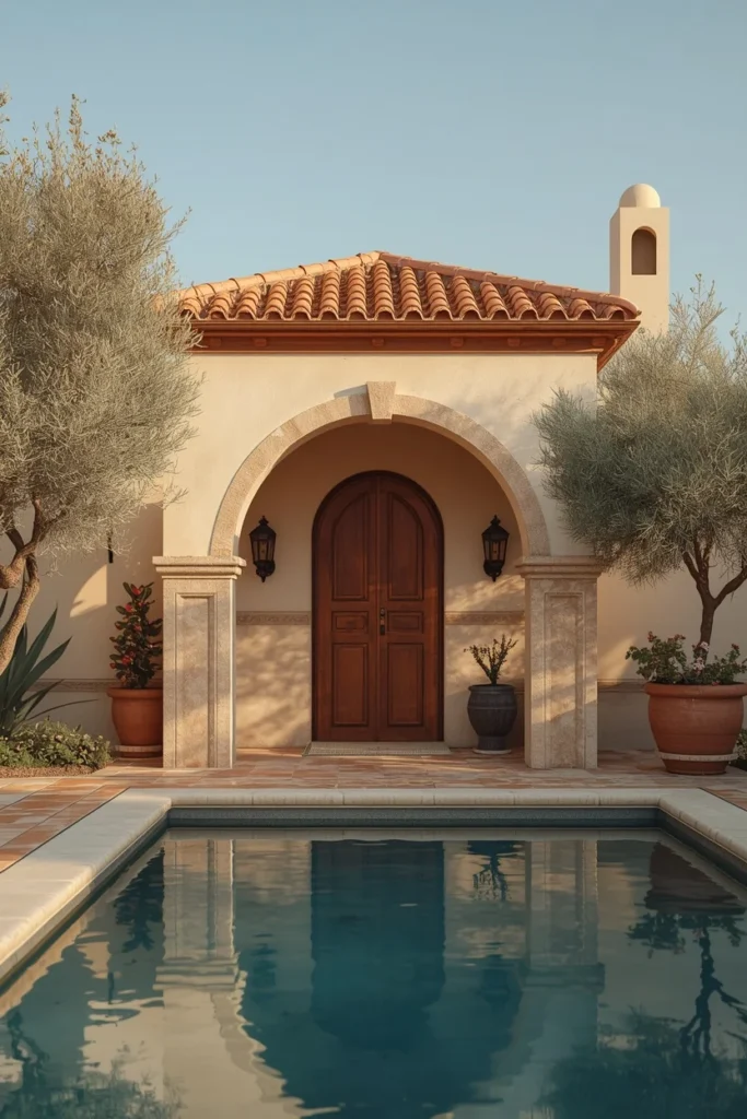 Mediterranean stone pool cabana, featuring stucco walls