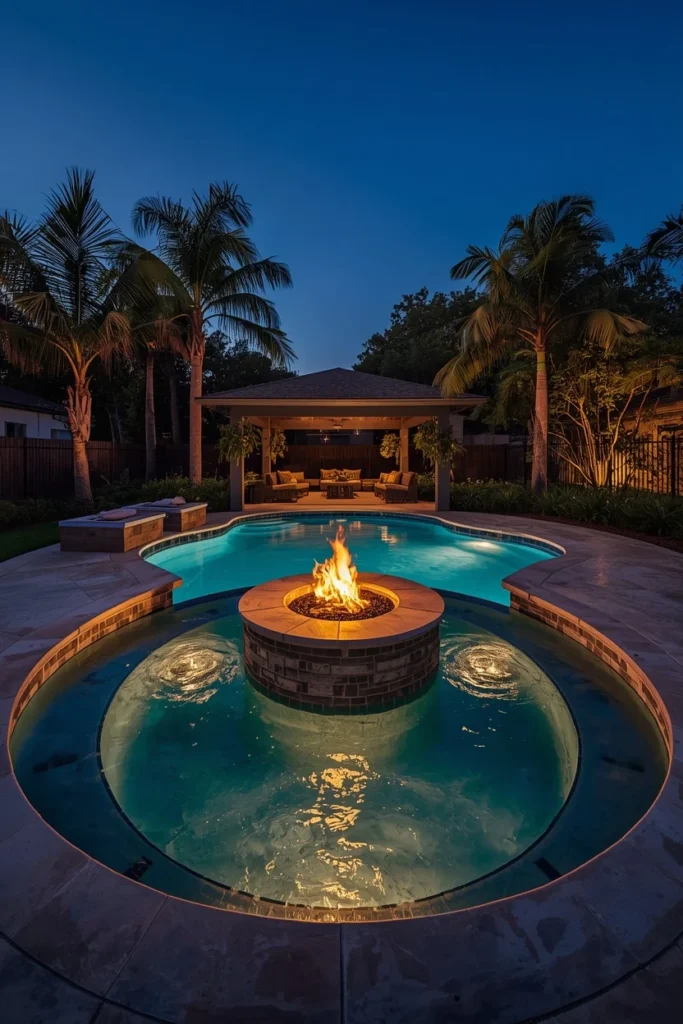  backyard pool, featuring a sunken dry lounge with a central fire bowl