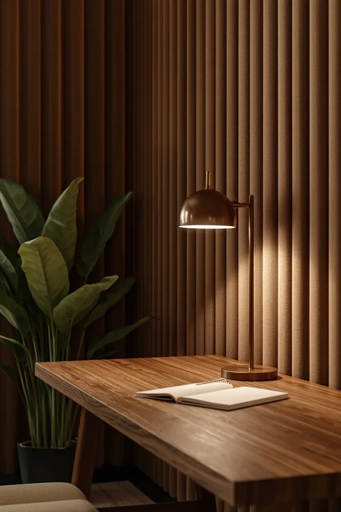 basement home office, featuring a walnut desk 