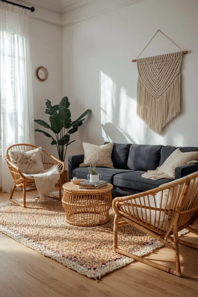  living room, featuring a black sofa paired with rattan accent chairs,
