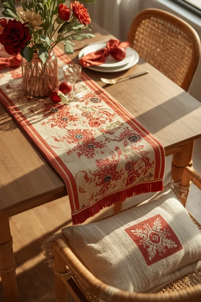 16 Boho Dining Room Ideas That Are Colorful, Layered & Totally Stunning 10 dining table styling vignette, featuring a bold block-print table