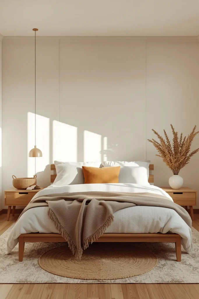 bedroom wide shot, featuring a soft cream shiplap accent wall