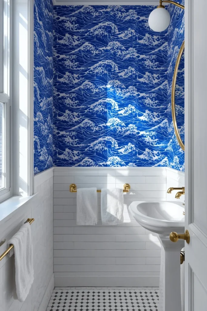 bathroom, featuring bold cobalt blue wave-pattern wallpaper,