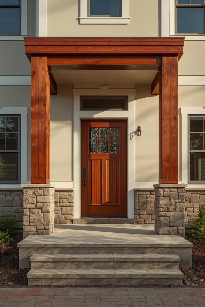 16 Craftsman Exterior Ideas That Are Classic, Detailed & Endlessly Beautiful 10 craftsman home entry detail, featuring a horizontal band of stained cedar wood framing