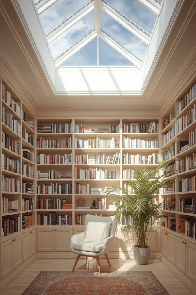 24 Dream Home Library Ideas That Are So Beautiful They'll Take Your Breath Away 10 home library beneath a large skylight, featuring pale whitewashed oak built-in shelving