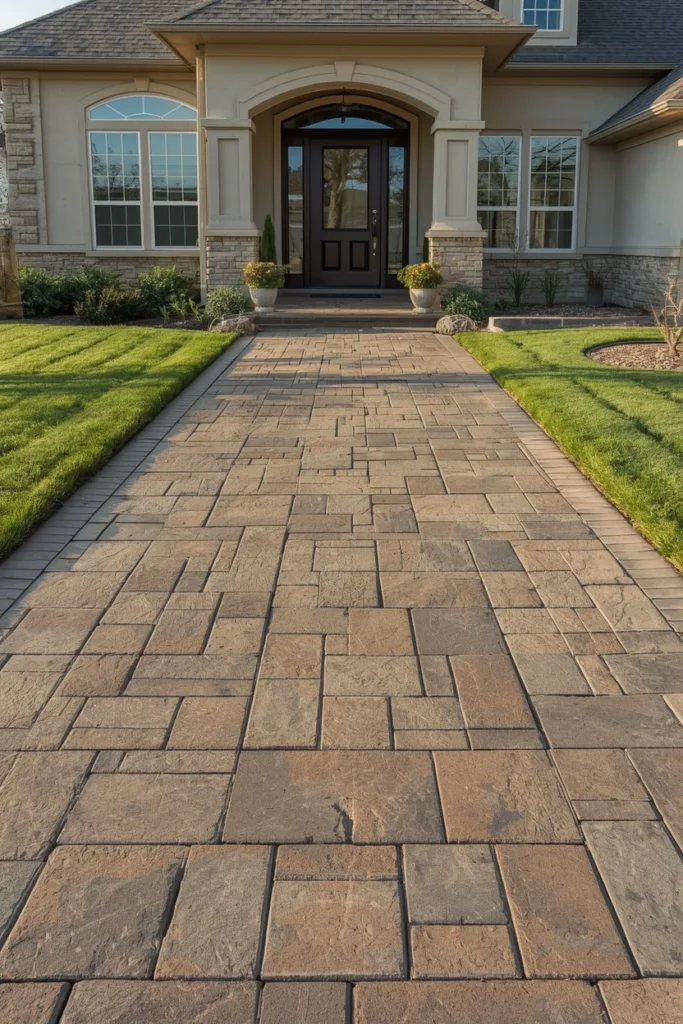  transitional home exterior, featuring a stamped concrete driveway