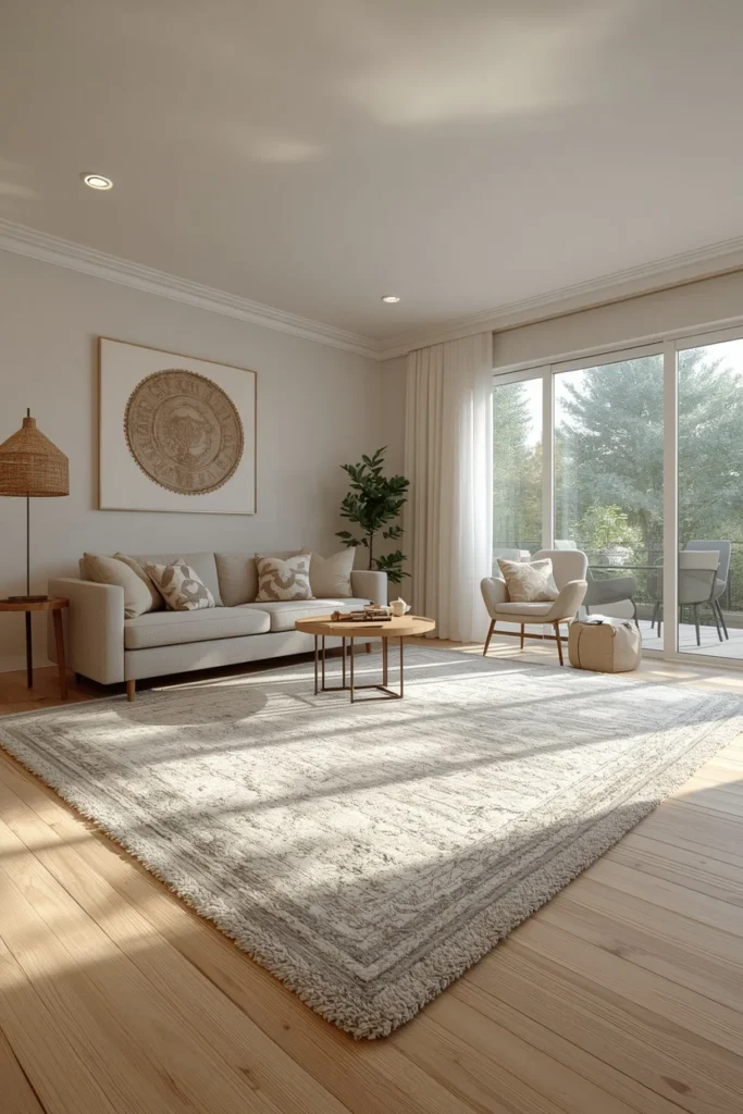 open concept family room, featuring a large durable low-pile area rug