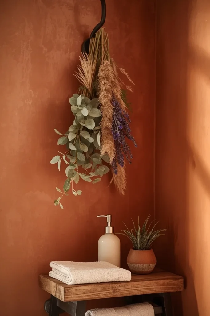 20 Farmhouse Bathroom Ideas That Are Rustic, Cozy & Utterly Gorgeous 10 Farmhouse bathroom styled corner with layered bundles of dried eucalyptus