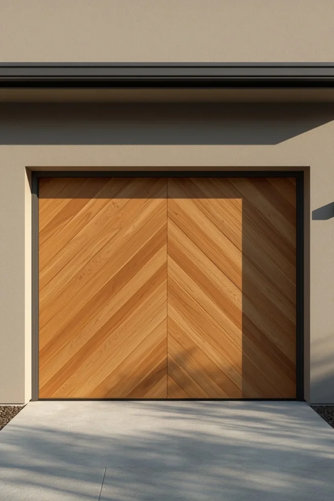 modern home exterior at dusk, featuring a frosted wooden garage door 