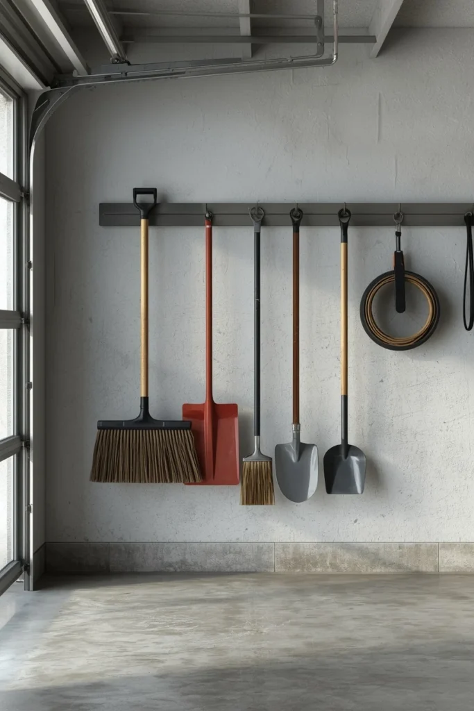 19 Garage Storage Ideas That Finally Tame the Chaos & Look Great Doing It 10 garage wall detail, featuring a horizontal steel tool rail