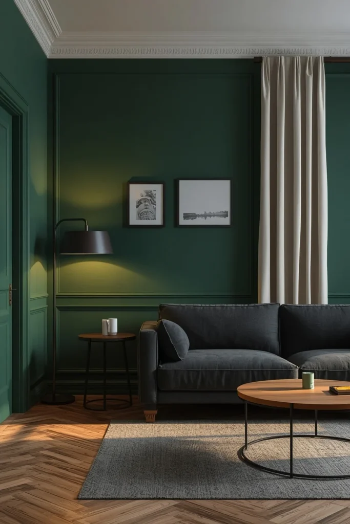 16 Green Living Room Ideas That Bring Life, Calm & Color to Any Space 10 living room, featuring deep bottle green walls,