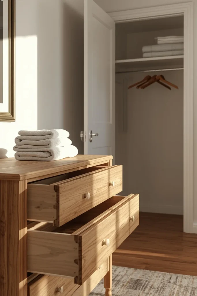 guest bedroom dresser, featuring an open drawer 