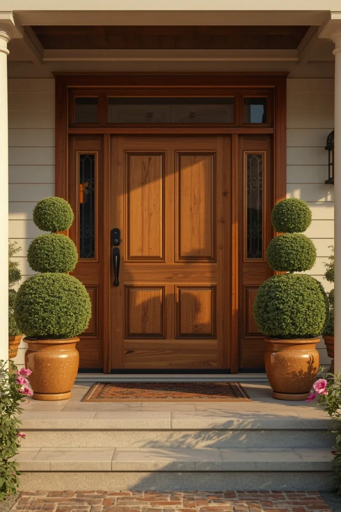 22 Home Entrance Decor Ideas That Make a Stunning First Impression Every Time 10 home exterior entrance, featuring a pair of matching boxwood topiaries