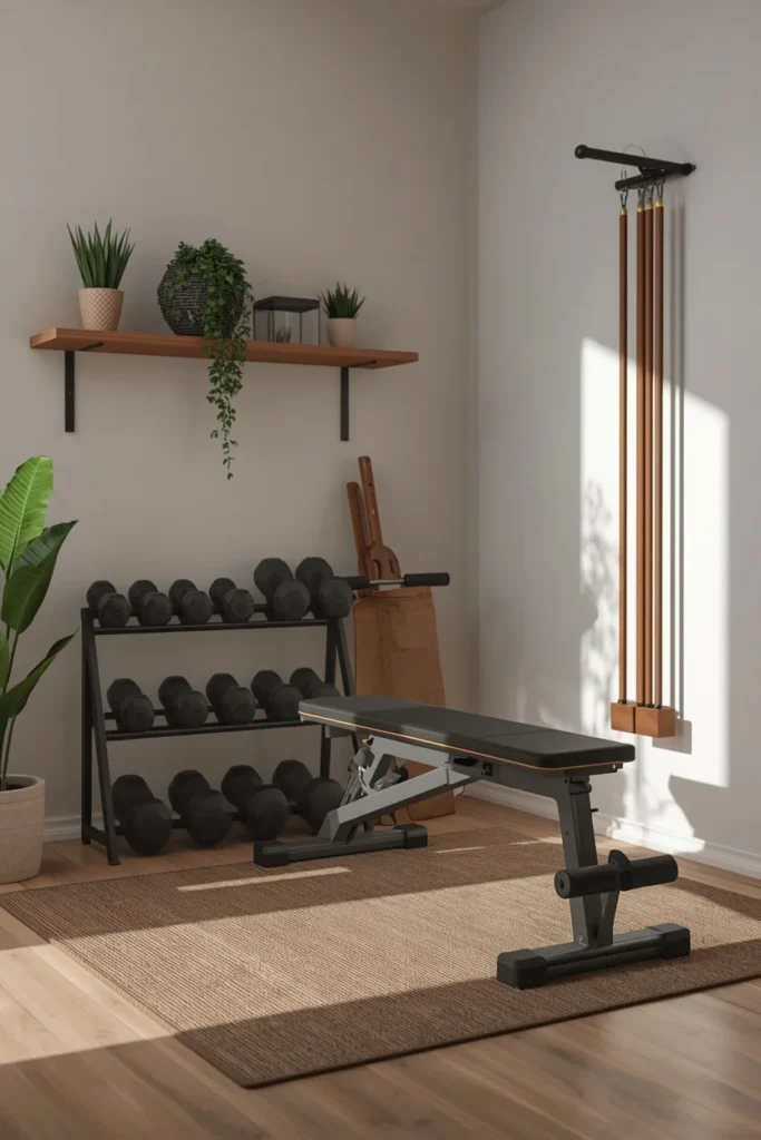 home gym, featuring a curated equipment setup with adjustable dumbbells