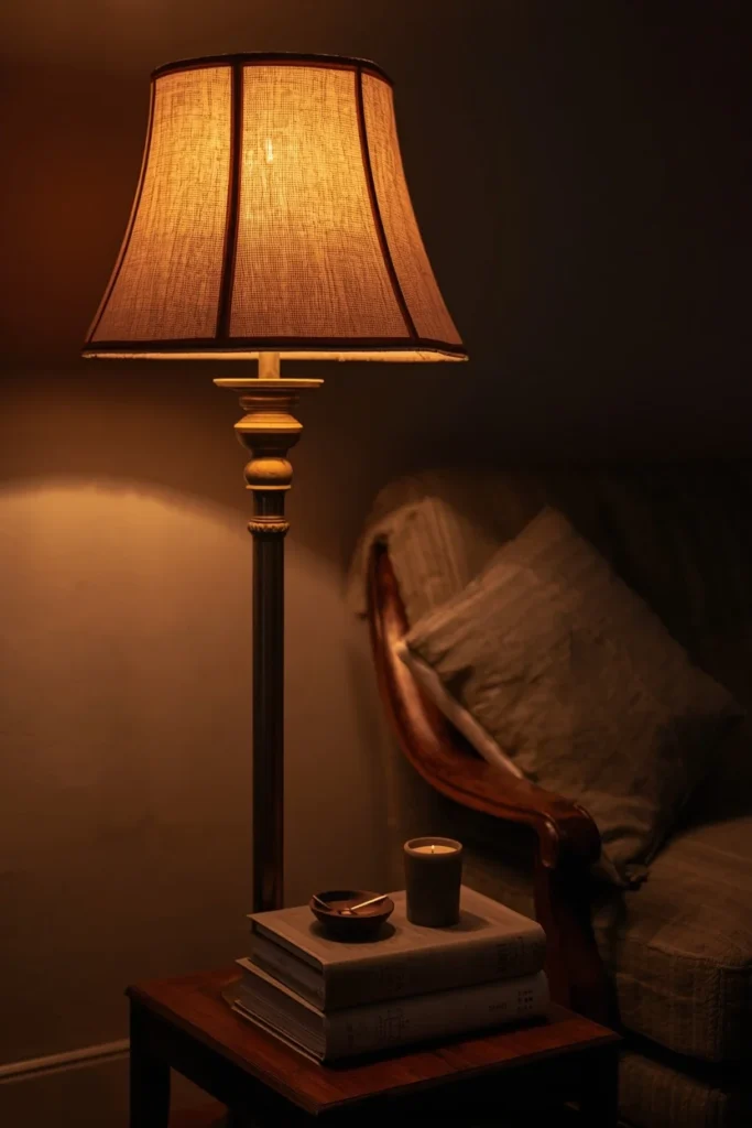 16 Home Library Aesthetic Ideas That Turn Any Corner Into a Reader's Paradise 10 reading vignette, featuring an aged brass floor lamp