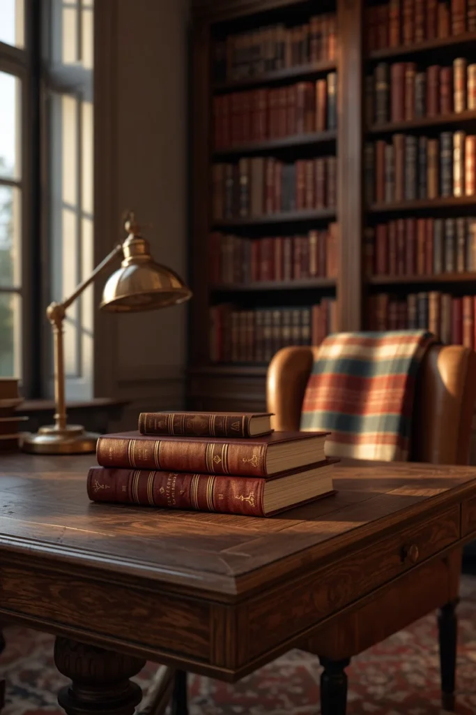 academia home office, featuring a wooden writing desk