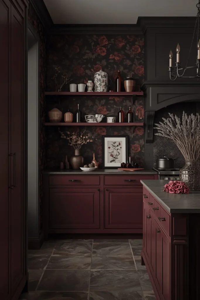dark cottagecore kitchen aesthetic, deep plum-black slightly distressed cabinetry