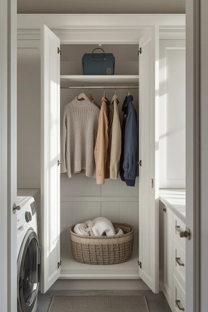 23 Laundry Room Design Ideas That Turn a Chore Space Into a Design Feature 10 built-in drying cabinet in a laundry room, featuring tall white cabinetry
