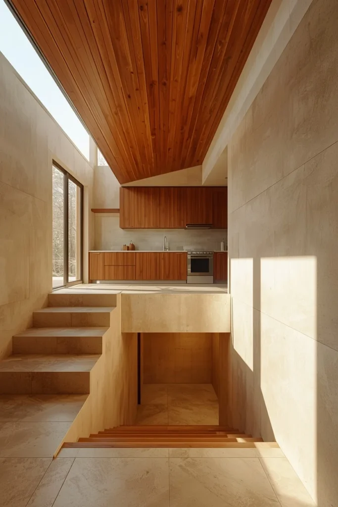 22 Mid Century Modern Kitchen Designs That Are Timeless & Stunning 9 mid century modern kitchen, featuring a step-down floor level