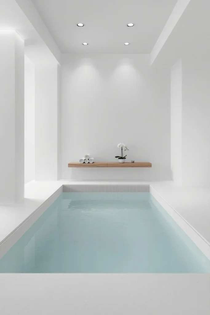 minimalist luxury indoor pool, all-white interior, rectangular pool 