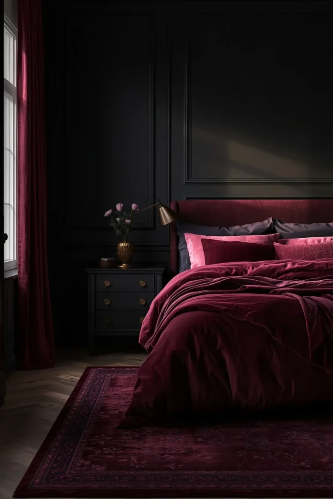 17 Moody Black Bedroom Ideas That Are Hauntingly Beautiful & Chic 10 bedroom, featuring black walls paired with deep plum velvet bedding