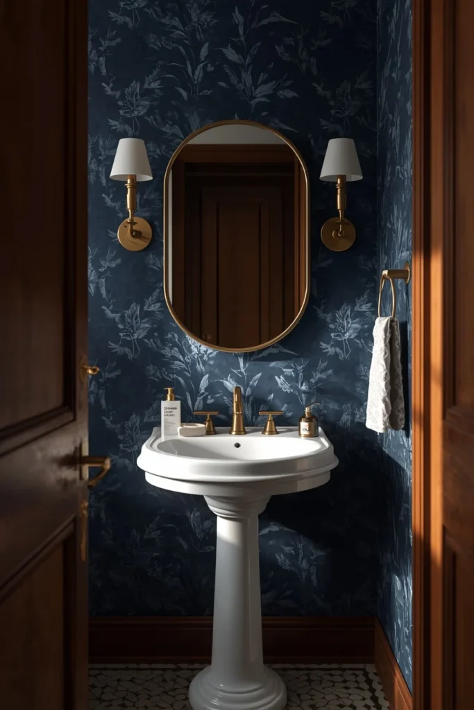 16 Moody Blue Bathroom Ideas That Feel Luxurious & Deeply Relaxing 10 powder room, featuring deep indigo blue botanical print wallpaper