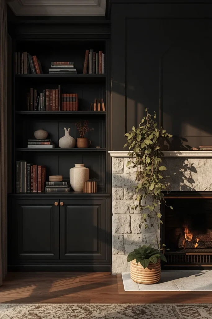 22 Moody Living Room Ideas That Are Rich, Dark & Incredibly Inviting 10 living room, featuring black built-in shelving flanking a stone fireplace