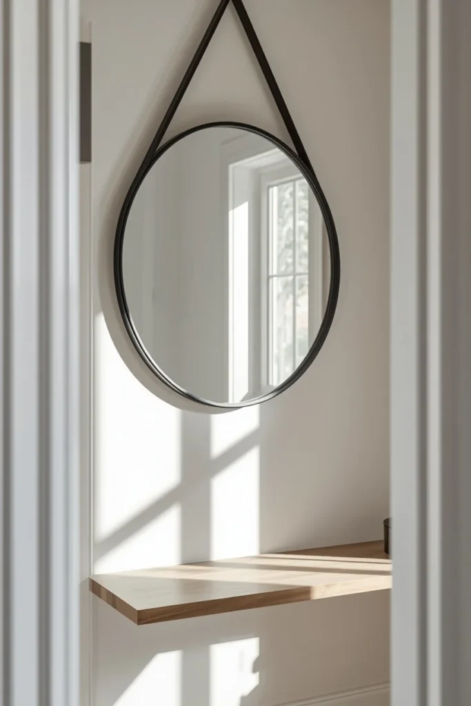 16 Mudroom Design Ideas That Make the Messiest Space in Your Home Look Amazing 9 small mudroom nook featuring a round black-framed mirror