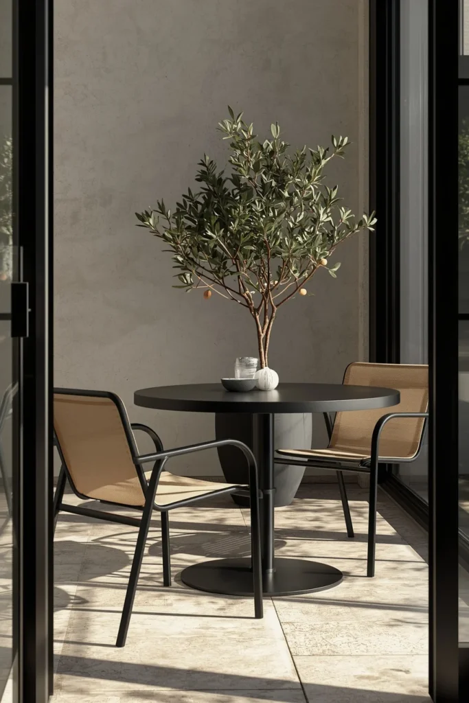 24 Outdoor Patio Furniture Ideas That Are Stylish, Comfy & Weather-Ready 10 patio dining nook, featuring black-framed sling chairs