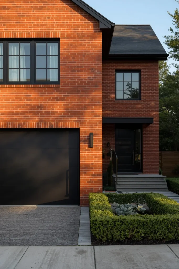 25 Red Brick House Exterior Ideas That Make Traditional Look Incredibly Chic 9 The Black Garage Door Statement