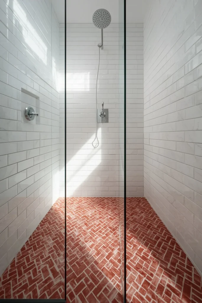 walk-in shower, featuring a red marble herringbone mosaic tile floor